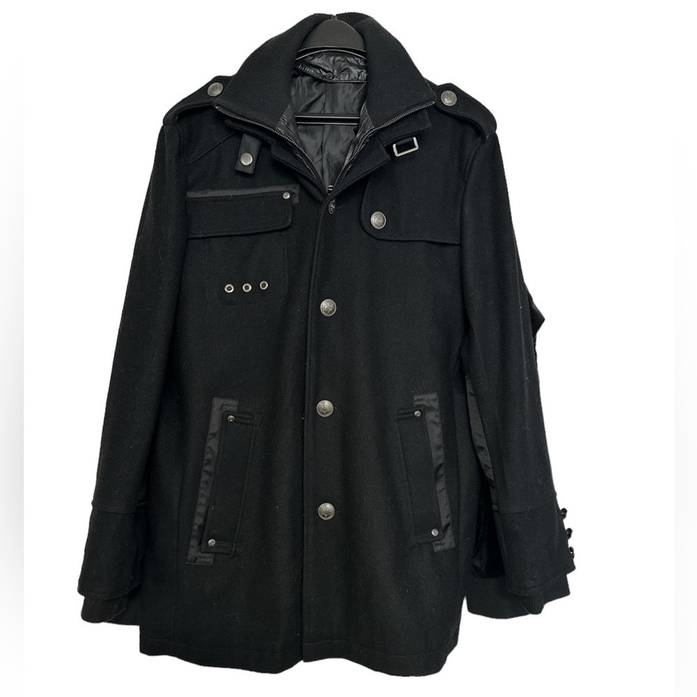TWILIGHT Men's Layered Collar Single Breasted Military Zipper Peacoat(Black,M)